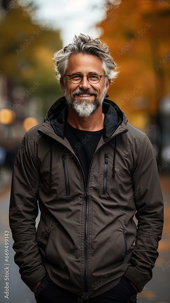 Middle age grey-haired man smiling happy walking at street of city. Smile emotion illustration. Generative AI Middle age grey-haired man smiling happy walking at street of city. Smile emotion illustration. Generative AI