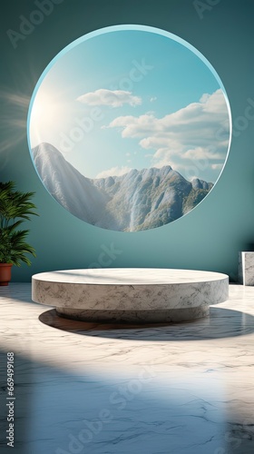 Marble Table with White Stucco Wall Texture Background with Light Beam and Shadow, Suitable for Product Presentation Backdrop, Display, and Mock up. Background with shadow. Generative AI