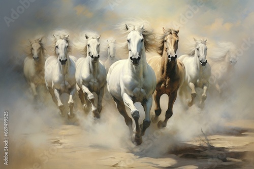 Paintings showcasing seven distinctive horses. Generative AI