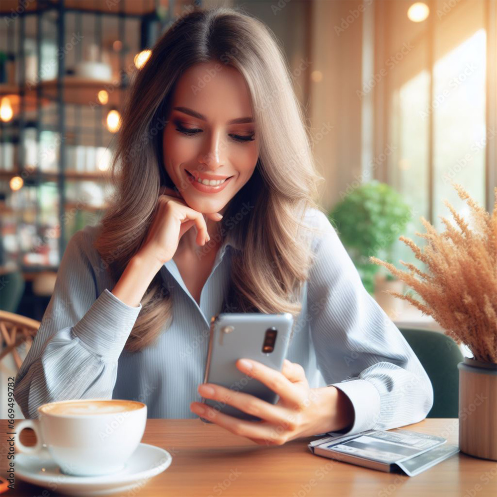 Internet of Things IoT, digital marketing, AI, E-commerce, global business concept. Real Happy Woman using mobile phone and laptop computer with digital technology, internet network connection, social Internet of Things IoT, digital marketing, AI, E-commerce, global business concept. Real Happy Woman using mobile phone and laptop computer with digital technology, internet network connection, social