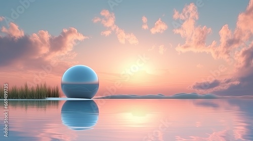 3d render Surreal landscape with light sphere and sunset sky. Modern minimal abstract background. Lake and grass
