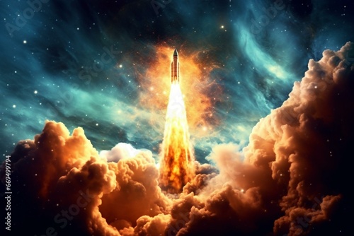 Rocket blast off through clouds with engine glow and blue nebula galaxy. Generative AI