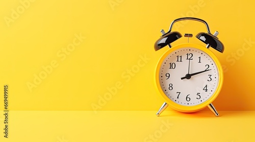 A Collection Of Colorful Alarm Clocks In Retro and Vintage Style On A Bright Yellow Background. The concept of the speed and rapidity of Time and the Flow of Life. Banner. Copy space.
 photo