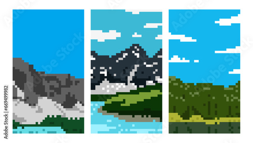 pixel art, nature view illustration ,background, card vector