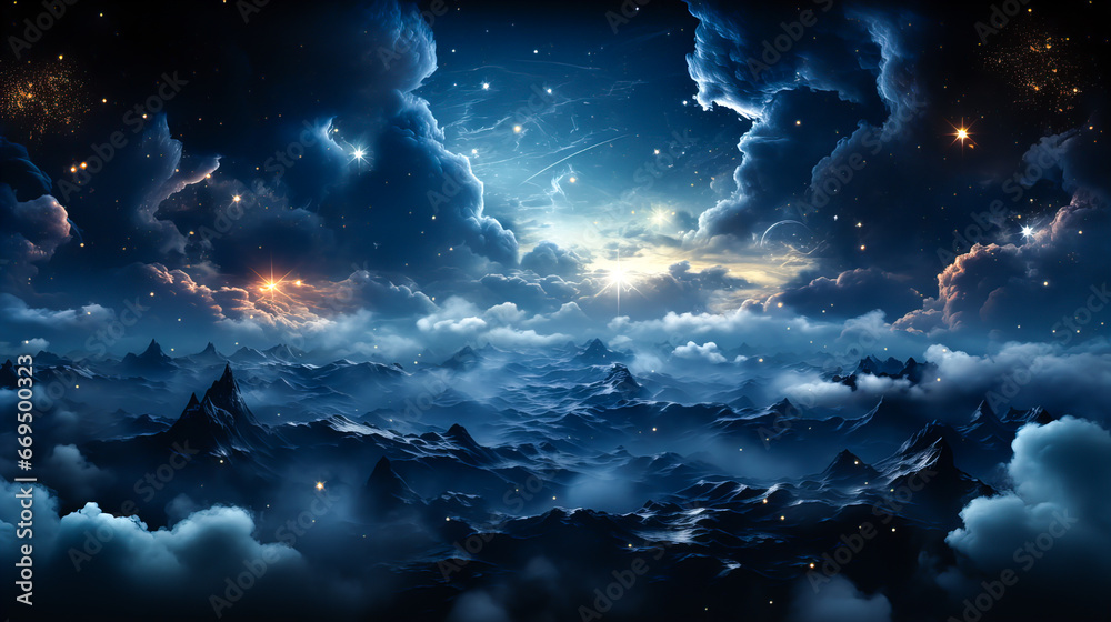 Fototapeta premium Dramatic landscape of an unknown planet, with high stone mountains, cosmic clouds, smoke, and fire. Dark blue coloring.