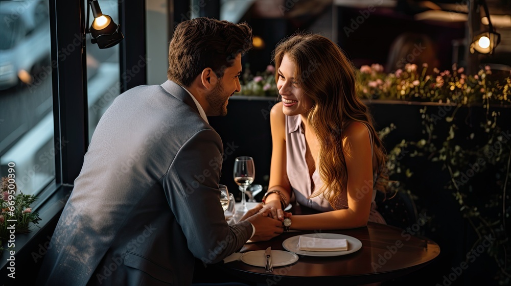 An aerial view of a man presenting his girlfriend with an engagement ring while sitting at a table in a restaurant together.
