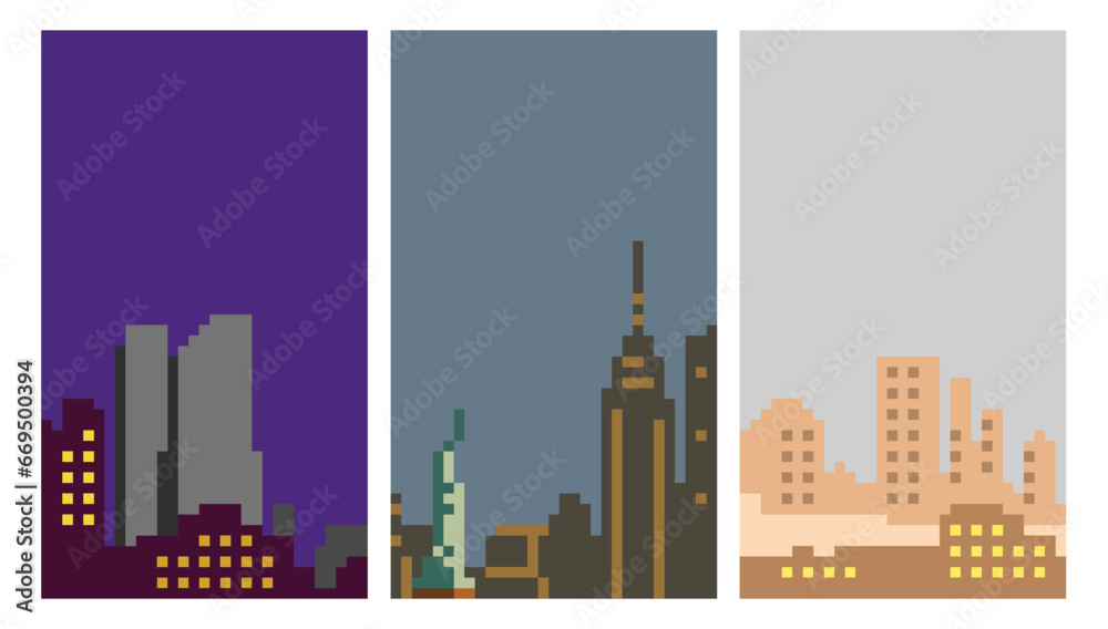 pixel art, city skyline illustration ,background, card vector