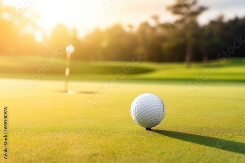 Golf ball near hole at sunset course