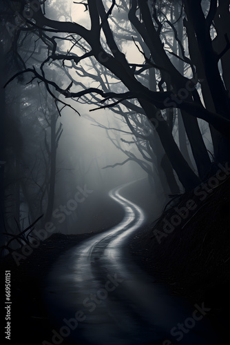 Mysterious dark forest road in the fog. Halloween concept