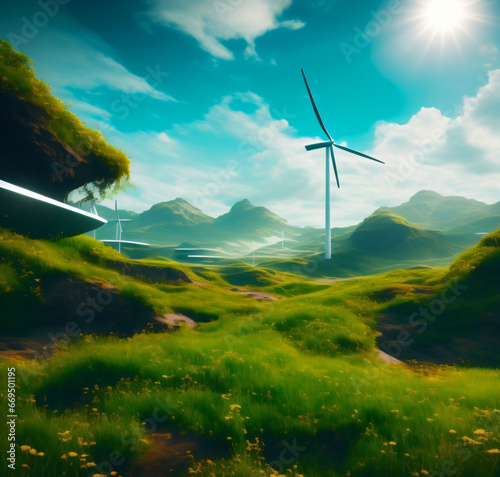 Windrad in idyllischer Landschaft mit grüner Wiese, blauem Himmel und Sonnenschein