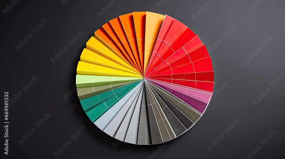 Obraz premium Colorful Pie Chart Consists of Paper Pages on Deep Grey Background. 