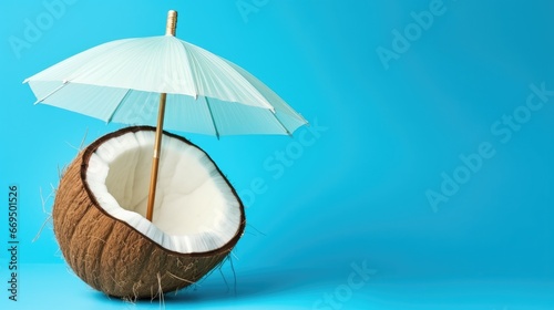 Wallpaper Mural Coconut with a cocktail umbrella on bright blue background. Summer and vacations concept. Still life.
 Torontodigital.ca