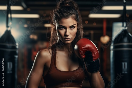 A woman wearing boxing gloves takes a stance ready to fight generative ai © Gilang
