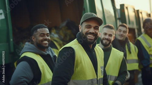 Garbage man working in the morning to picking plastic to garbage truck.