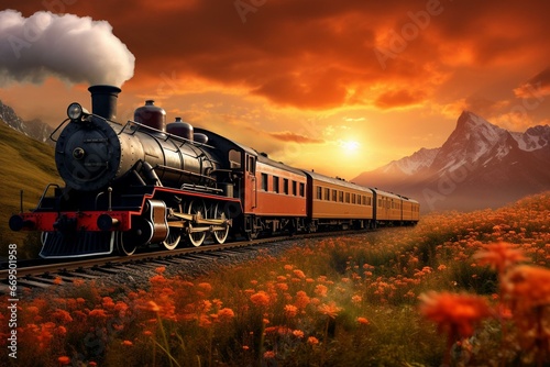 Vintage locomotive traversing picturesque scenery. Generative AI