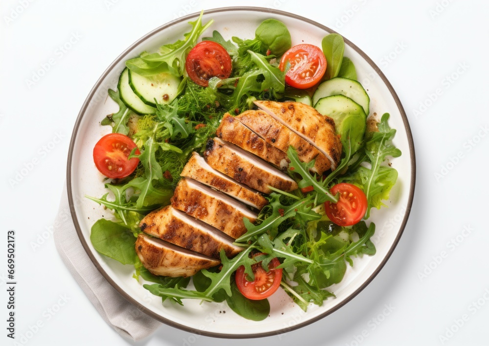Tasty grilled chicken salad breast, fillet, steak and fresh vegetable, top view, copy space. Healthy keto, ketogenic lunch menu with chicken meat and organic veggies salad and greens.