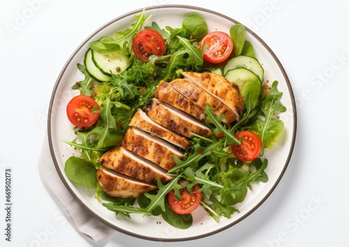 Tasty grilled chicken salad breast, fillet, steak and fresh vegetable, top view, copy space. Healthy keto, ketogenic lunch menu with chicken meat and organic veggies salad and greens.
