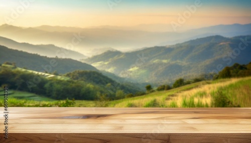 wooden table with a blurry mountain backdrop in the morning or sunset, Warmth in tones of orange or brown