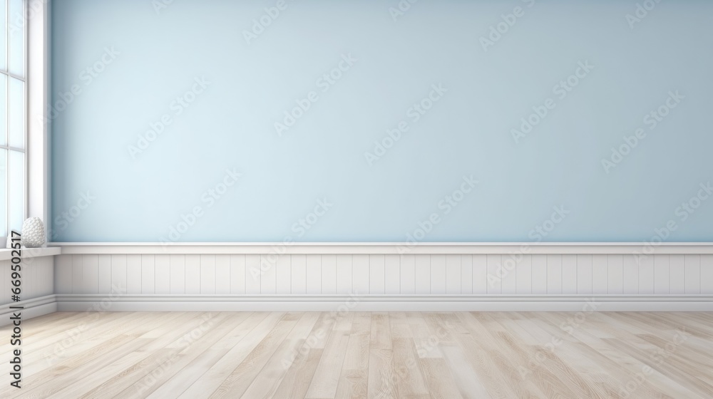 Blank red wall in house, baseboard on wooden parquet in sunlight for luxury interior design decoration, home appliance product background.3D Rendering