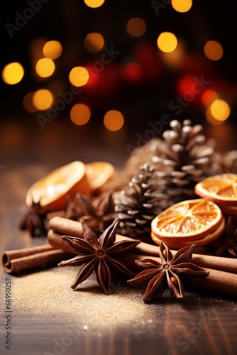 Christmas still life with spices and dried orange slices on holiday bokeh background, Generative AI 