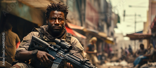 African Soldier With A Machine Gun On The Streets Of An Eastern City. Illustration On The Theme Of Weapons And Wars, Conflicts And Cinema. Generative AI