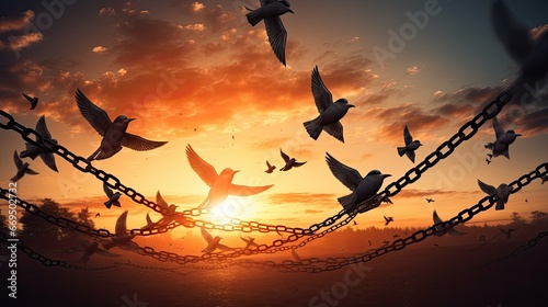 Flying birds and broken chains - Freedom birds with nature on sunset background, concept of hope.