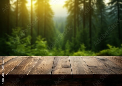 Beautiful blurred boreal forest background view with empty rustic wooden table for mockup product display. Picnic table with customizable space on table-top for editing. Flawless