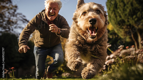 An old man runs after his dog