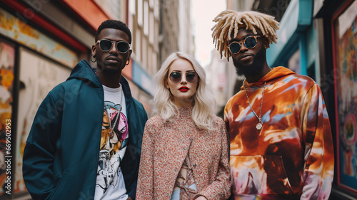 2 guys and a girl with as stylish individuals in trendy street fashion, showcasing the diversity and uniqueness of urban culture © Fehr