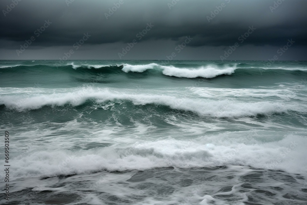 Intense ocean waves under stormy skies. Generative AI