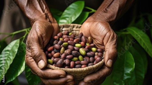 Indonesia, Man Holding Freshly Arabica Coffe Beans with Coffee Leaf on the Background