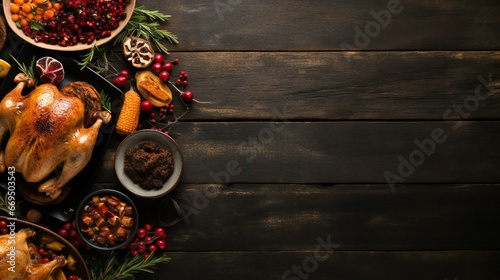 Holiday Table Setting for the festive season, symbolizing a blend of Thanksgiving and Christmas celebrations. The top view decorated table with elements like a succulent turkey, Generative Ai