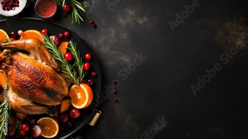 Holiday Table Setting for the festive season, symbolizing a blend of Thanksgiving and Christmas celebrations. The top view decorated table with elements like a succulent turkey, Generative Ai