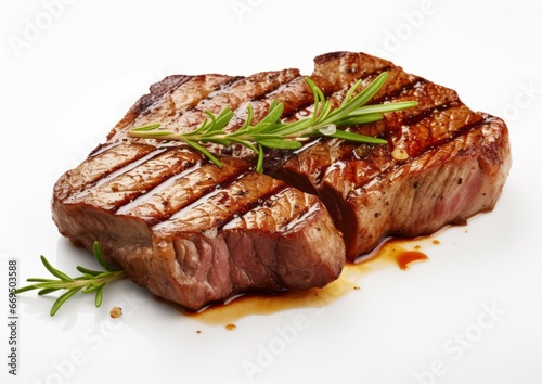 Grill grilled beef steaks with spices isolated on white background