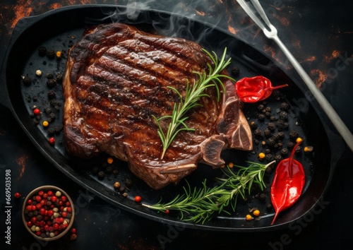 Top view barbecue grilled and sliced Rib Eye beef meat steak on a plate on dark background