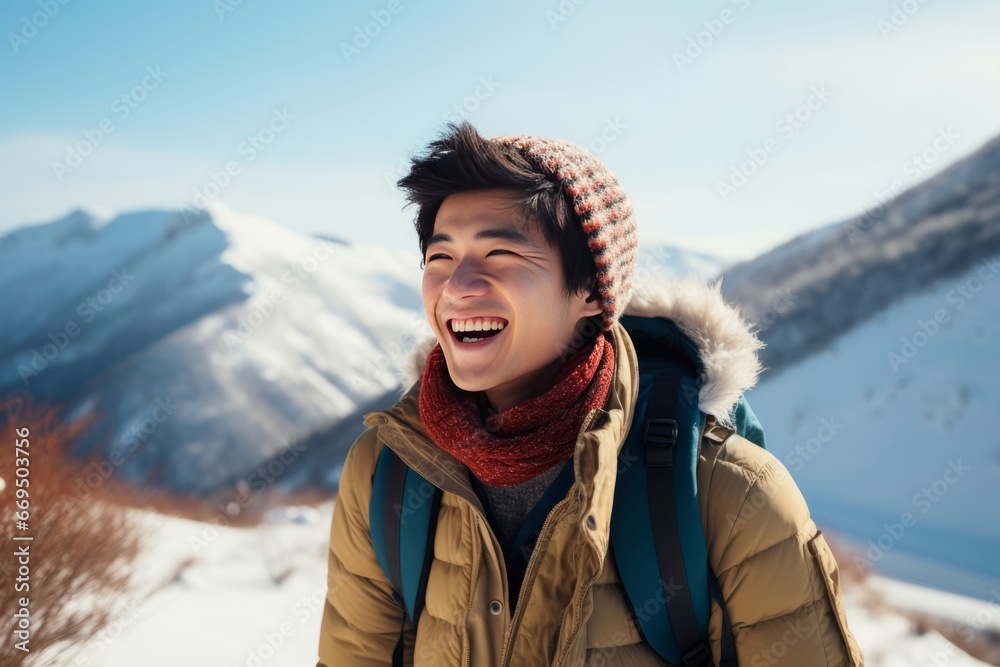 Beautiful Asian young man in a knitted hat walks and smiles in a snowy winter mountains. Happy guy's face portrait close-up front view. Generative AI. Outdoor activities concept. Beautiful Asian young man in a knitted hat walks and smiles in a snowy winter mountains. Happy guy's face portrait close-up front view. Generative AI. Outdoor activities concept.