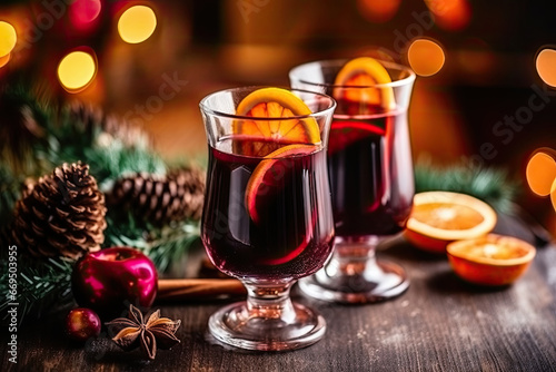 Red mulled wine in glasses with spices in a festive lights.