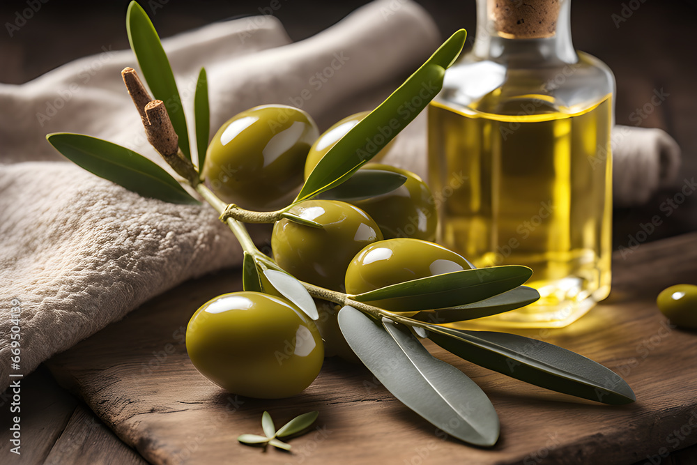 Ramita de olivo con aceitunas sobre una mesa de madera rustica con una botellita de aceite y un paño de cocina - obrazy, fototapety, plakaty 