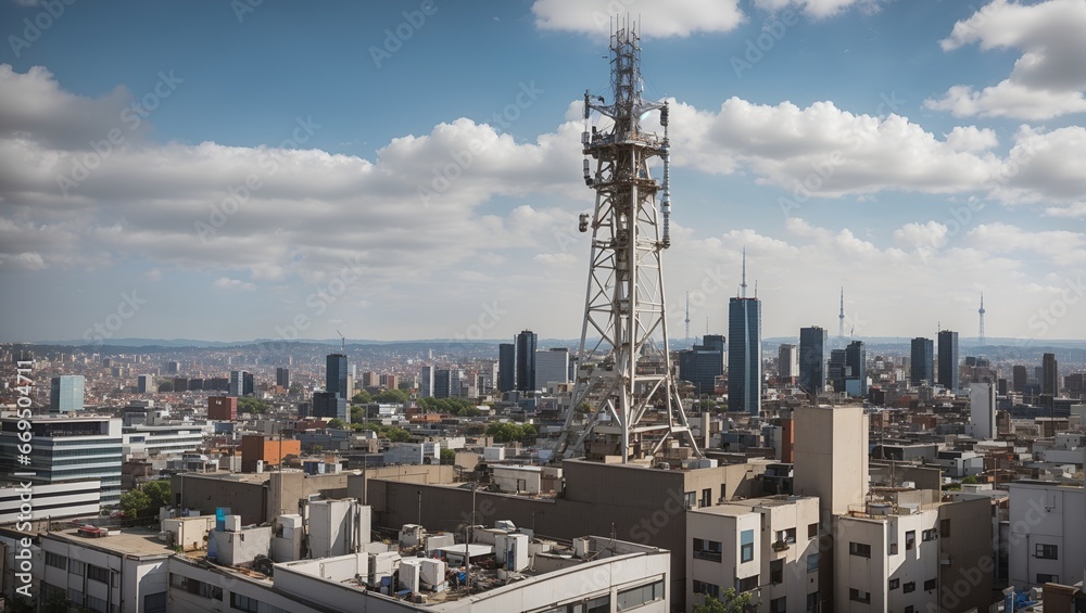 photo of a view of a telecommunications transmitting tower in the city made by AI generative