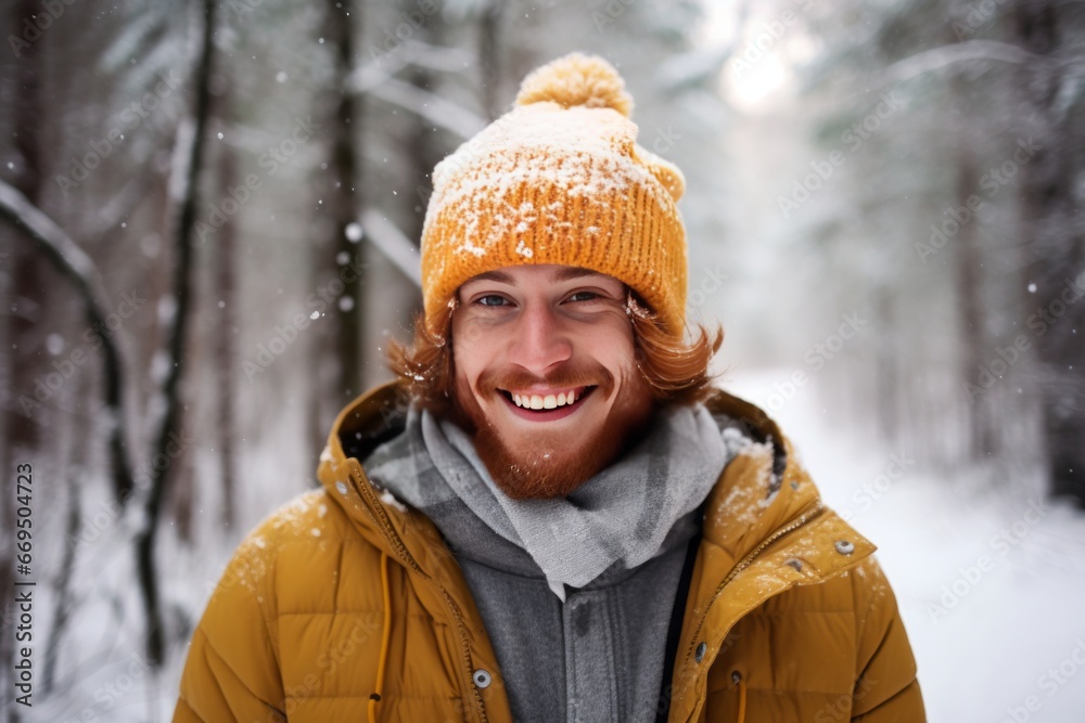 Fototapeta premium A handsome red-haired young man in a knitted yellow hat walks and smiles in a snowy winter forest. Happy guy's face portrait close-up front view. Generative AI. Outdoor activities concept