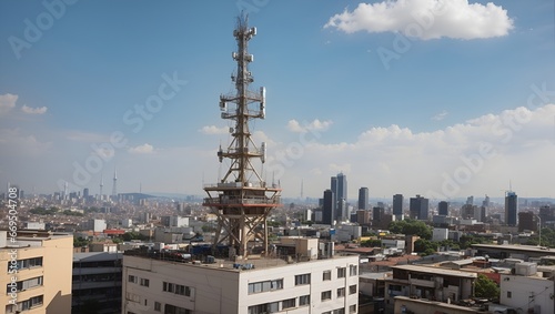 photo of a view of a telecommunications transmitting tower in the city made by AI generative © M.Taufiq