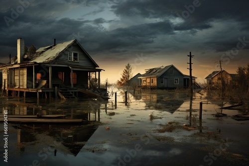 The village is destroyed due to a flood disaster generative ai © Gilang