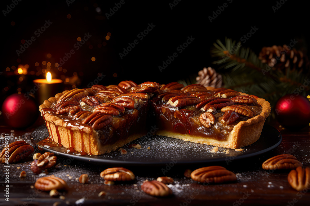 Mouth-Watering Pecan Pie Dessert For Christmas Dinner . Ai Generated
