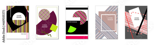 Geometric cover design, set of 5 covers. Abstract unusual background in Memphis style. Bright geometric shapes in random order
