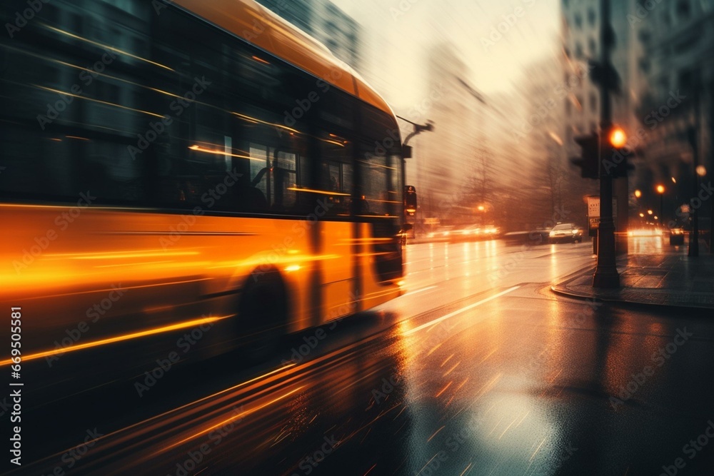Blurred cityscape as a bus travels on the road. Generative AI