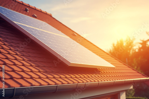 Solar power panels on modern room home with sun morning light background.