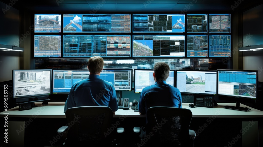 Security officers watching office surveillance monitors (Composite) Security officers watching office surveillance monitors (Composite)