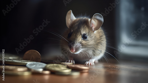 photo of a mouse on a table with coins next to it