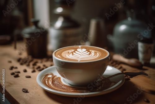 Hot latte art cofffee cup on wooden background