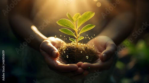 Guardians of Nature: A Green World, Hands Cradling a Small Plant Sprout Thriving on Earth, High-quality Wallpaper